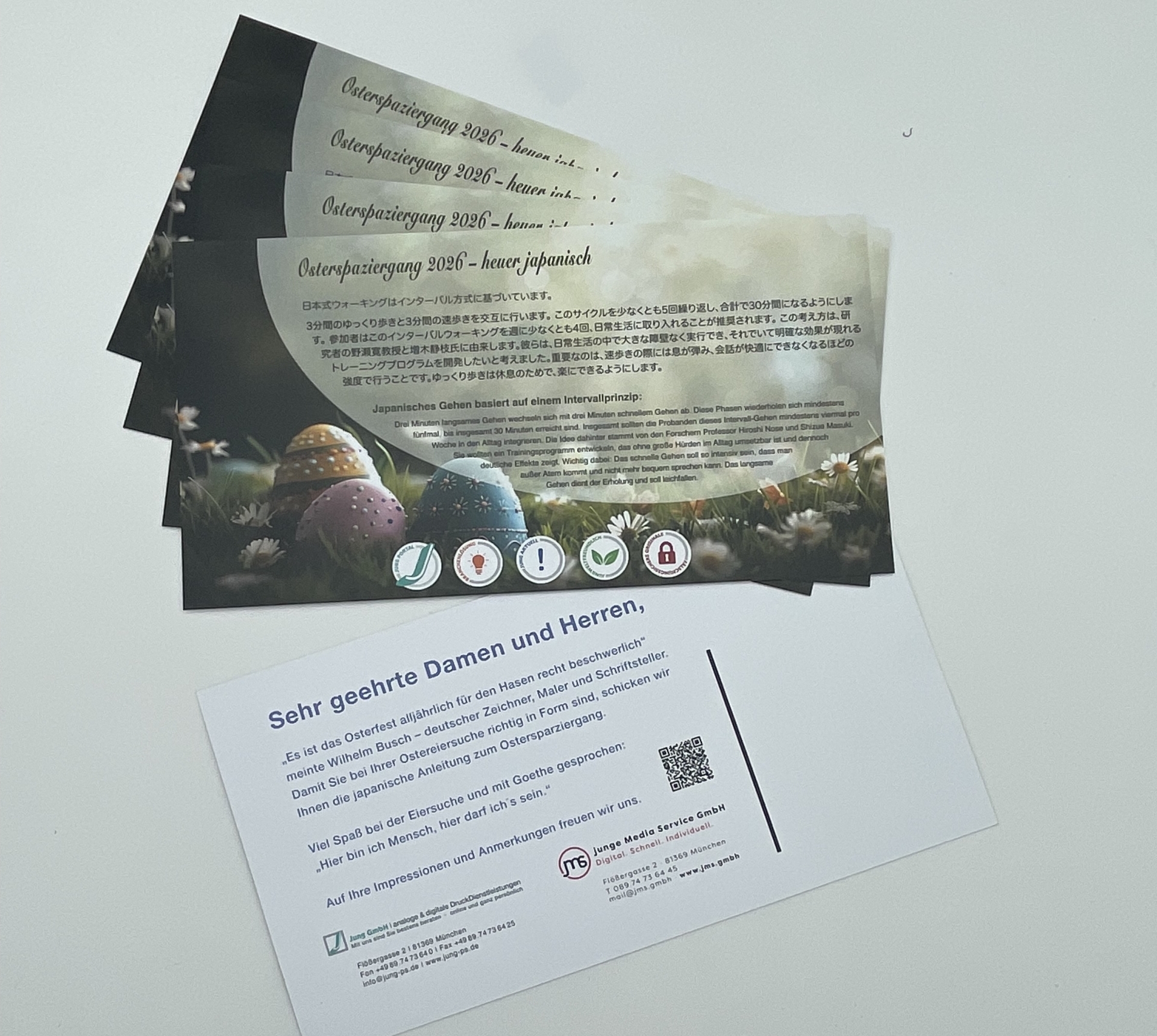 Gedruckte Osterkarten zum Thema Osterspaziergang 2026 mit japanischem Intervallprinzip, gestaltet als Mailing auf hochwertigem Papier